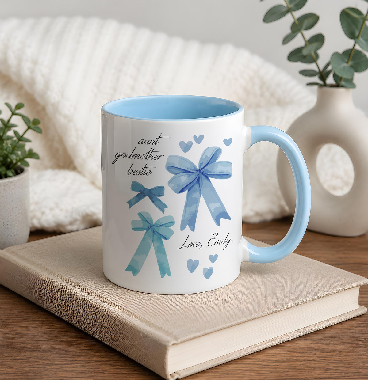 Personalized Aunt Godmother Bestie Ceramic Cup, Colorful Coquette Ribbon Bow Coffee Mug