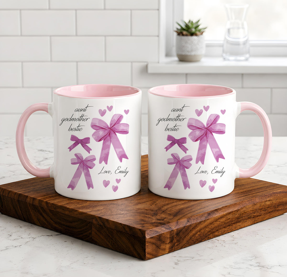 Personalized Aunt Godmother Bestie Ceramic Cup, Colorful Coquette Ribbon Bow Coffee Mug