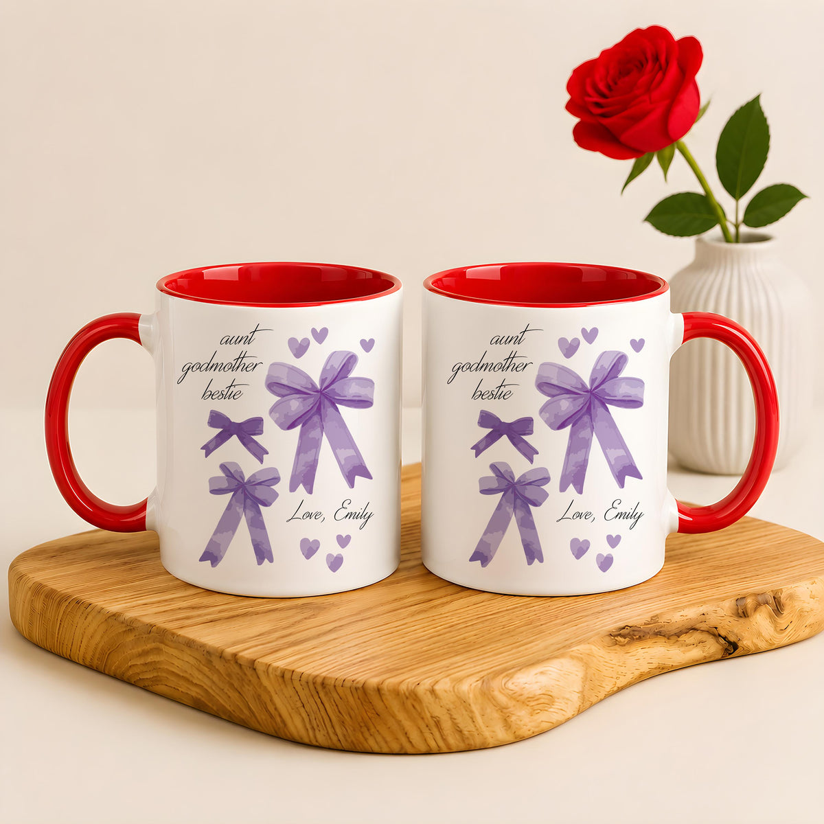 Personalized Aunt Godmother Bestie Ceramic Cup, Colorful Coquette Ribbon Bow Coffee Mug