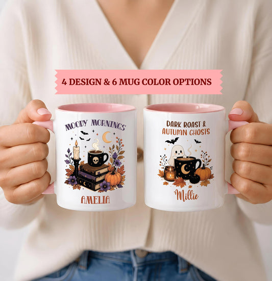 Personalized Moody Mornings Coffee Cup, Custom Spooky Pumpkin Season Mug