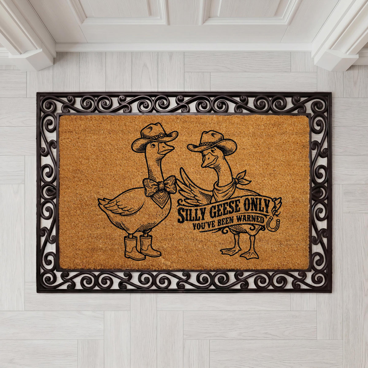 Silly Geese Only Doormat, Cowboy Theme Coir Mat, Rustic Farmhouse Welcome Rug
