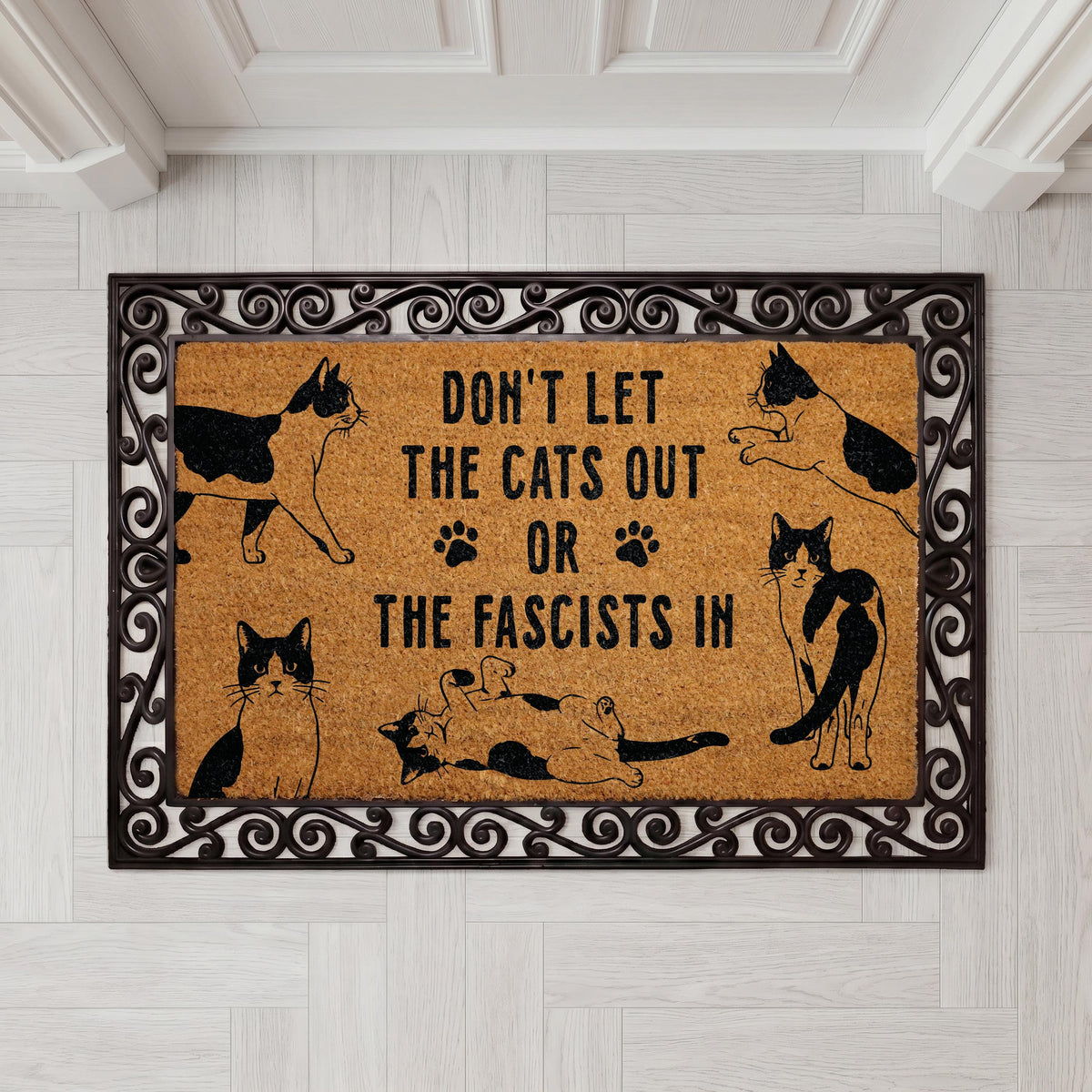 Don’t Let The Cats Out Or The Fascists In Doormat, Funny Cat Welcome Mat, Political Humor Door Mat, Anti-Fascist Outdoor Mat, Pet Lover Gift