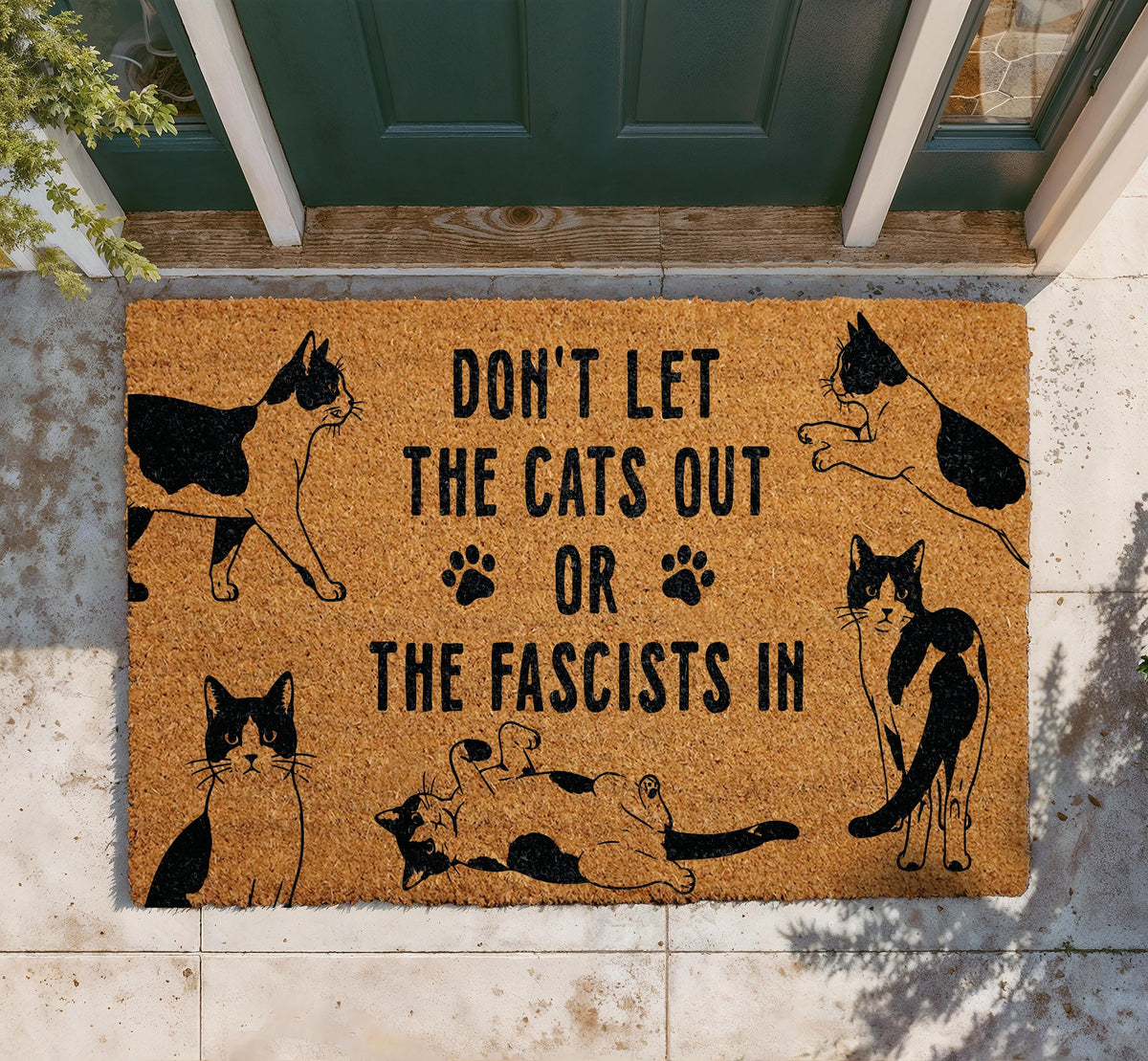 Don’t Let The Cats Out Or The Fascists In Doormat, Funny Cat Welcome Mat, Political Humor Door Mat, Anti-Fascist Outdoor Mat, Pet Lover Gift