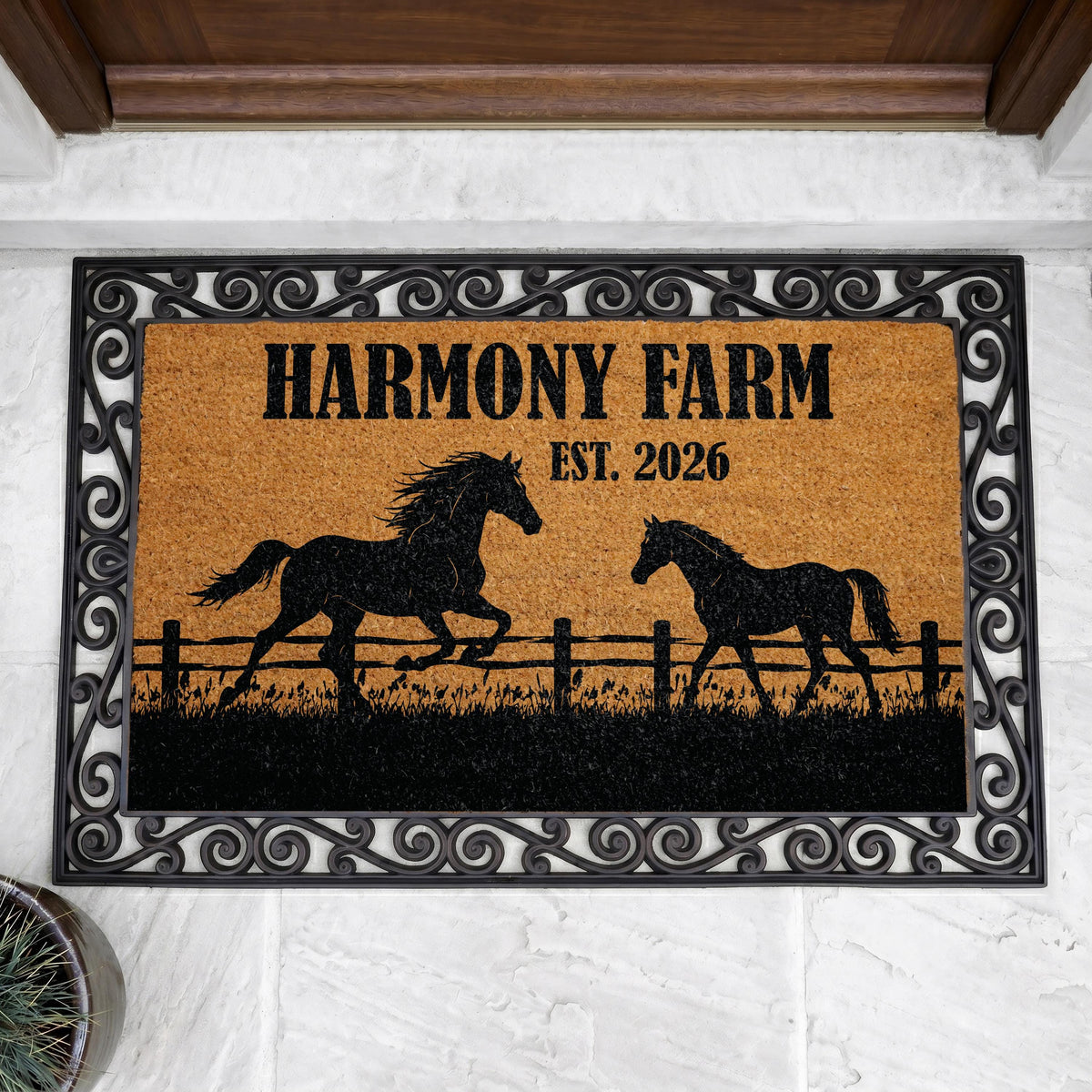 Personalized Farm Doormat, Custom Name Welcome Mat, Farmhouse Coir Mat, Western Ranch Outdoor Rug, Entryway Door Mat, Horse Lover Decor Gift