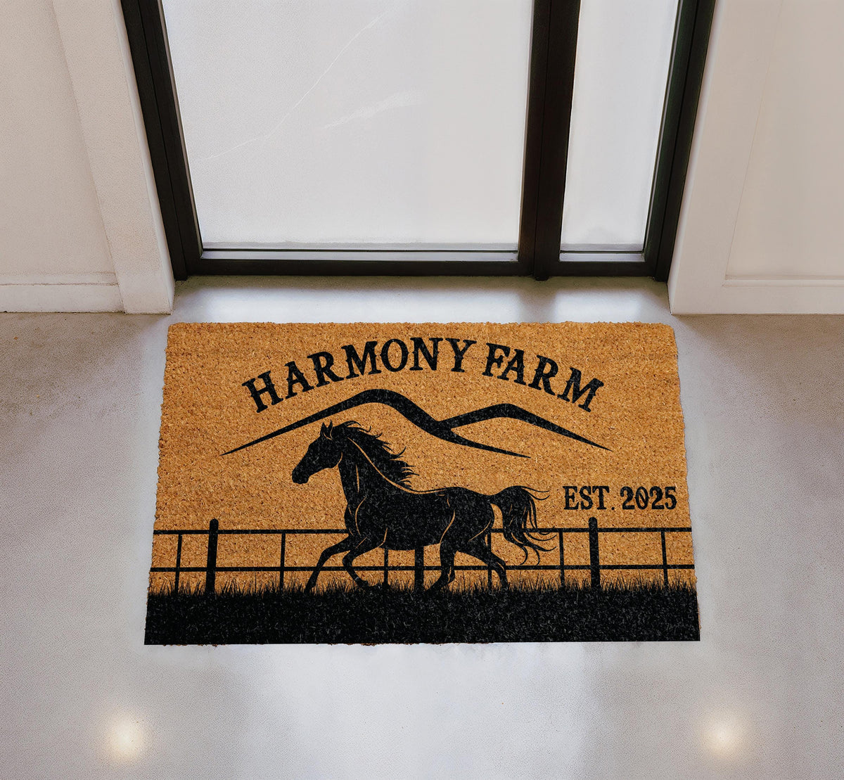 Personalized Farm Doormat, Custom Name Welcome Mat, Farmhouse Coir Mat, Western Ranch Outdoor Rug, Entryway Door Mat, Horse Lover Decor Gift