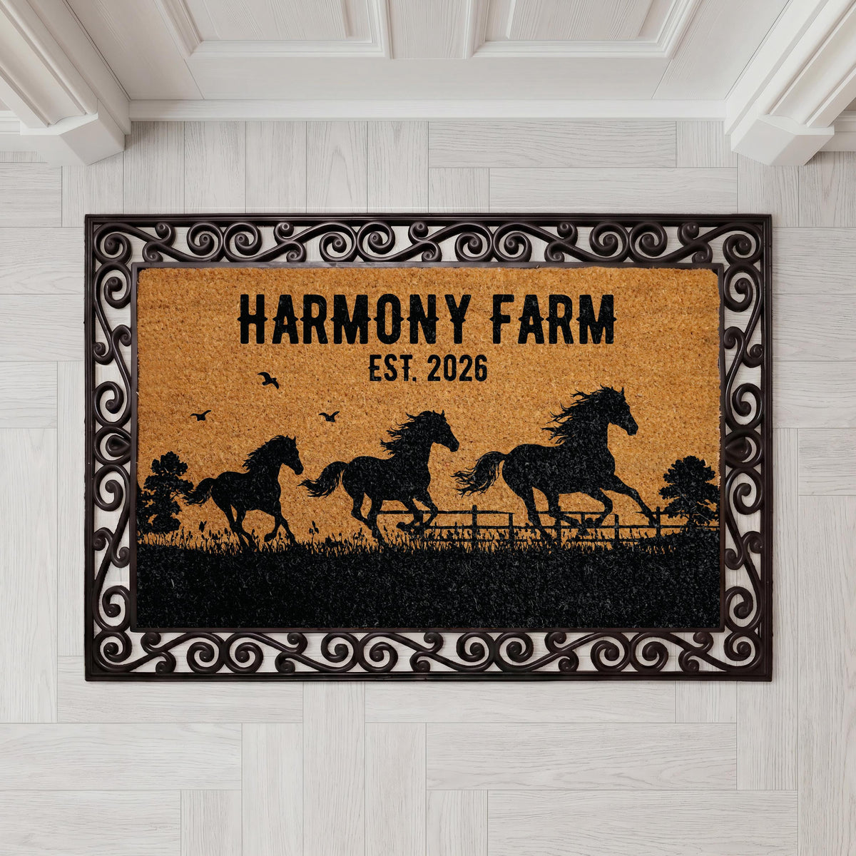 Personalized Farm Doormat, Custom Name Welcome Mat, Farmhouse Coir Mat, Western Ranch Outdoor Rug, Entryway Door Mat, Horse Lover Decor Gift