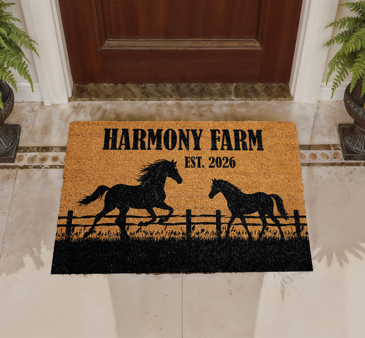 Personalized Farm Doormat, Custom Name Welcome Mat, Farmhouse Coir Mat, Western Ranch Outdoor Rug, Entryway Door Mat, Horse Lover Decor Gift