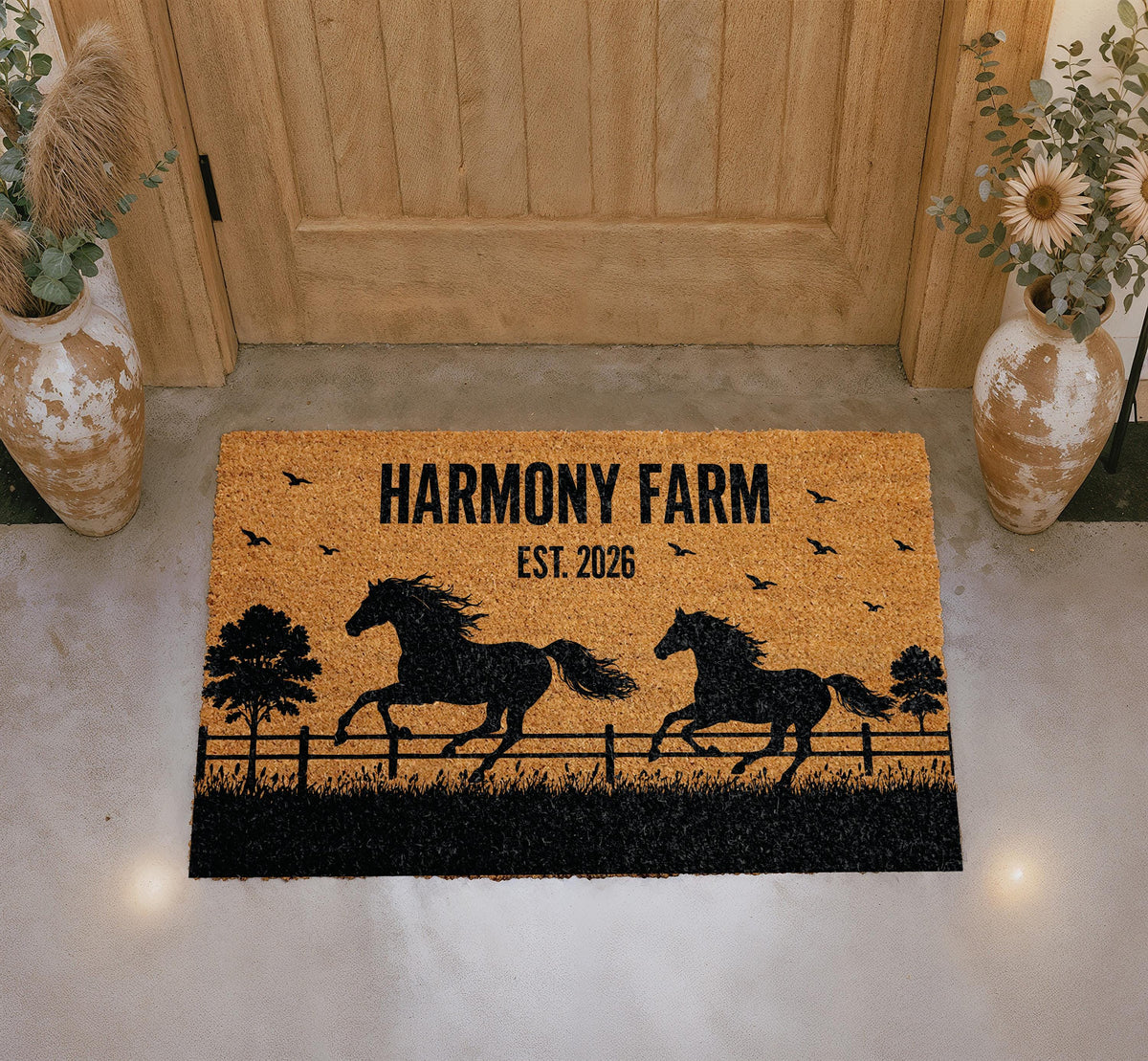 Personalized Farm Doormat, Custom Name Welcome Mat, Farmhouse Coir Mat, Western Ranch Outdoor Rug, Entryway Door Mat, Horse Lover Decor Gift