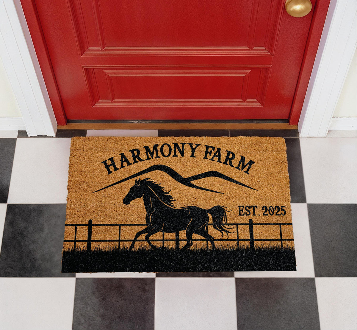 Personalized Farm Doormat, Custom Name Welcome Mat, Farmhouse Coir Mat, Western Ranch Outdoor Rug, Entryway Door Mat, Horse Lover Decor Gift
