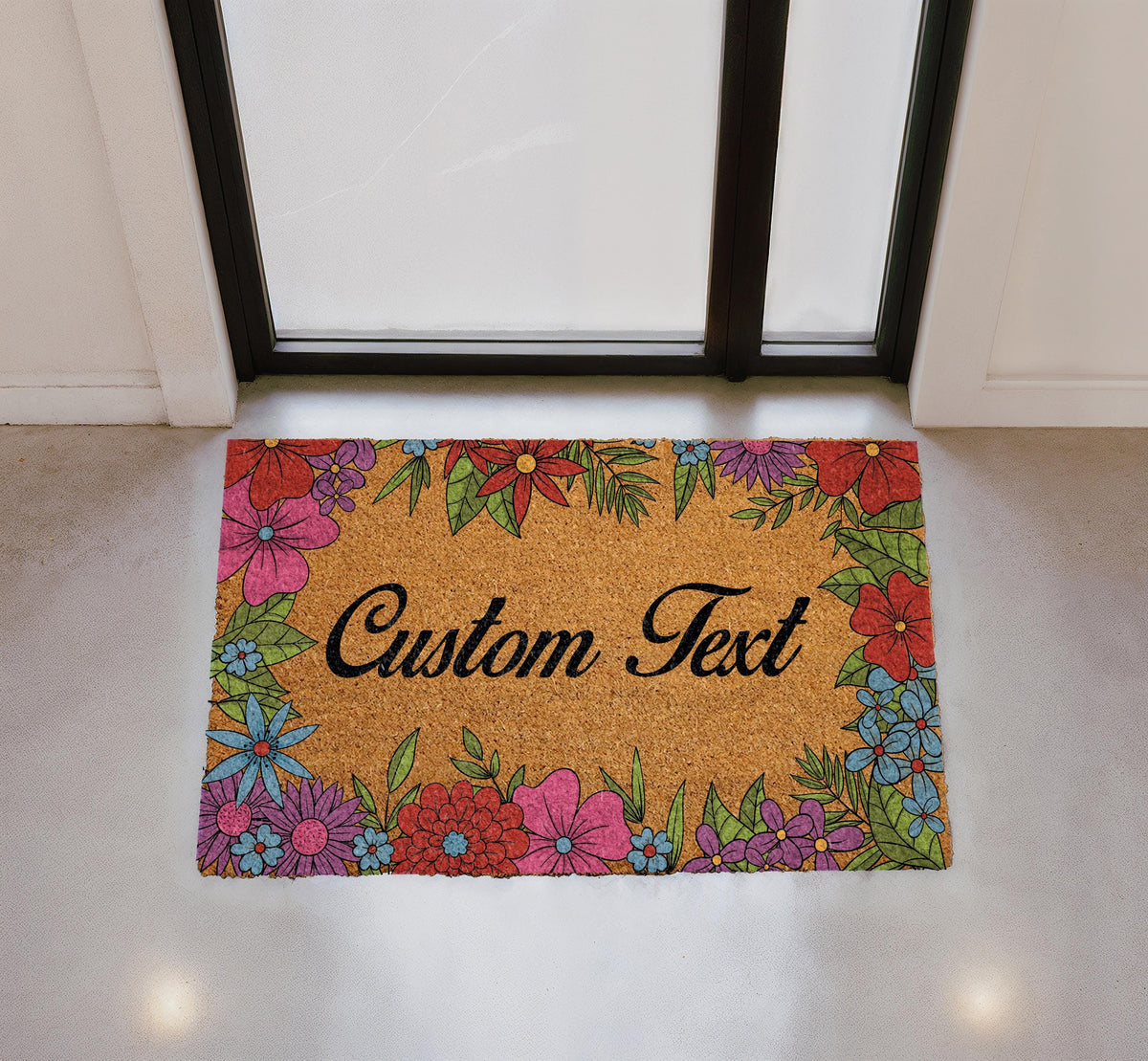 Personalized Floral Coir Doormat, Custom Botanical Welcome Mat, Vibrant Flowers
