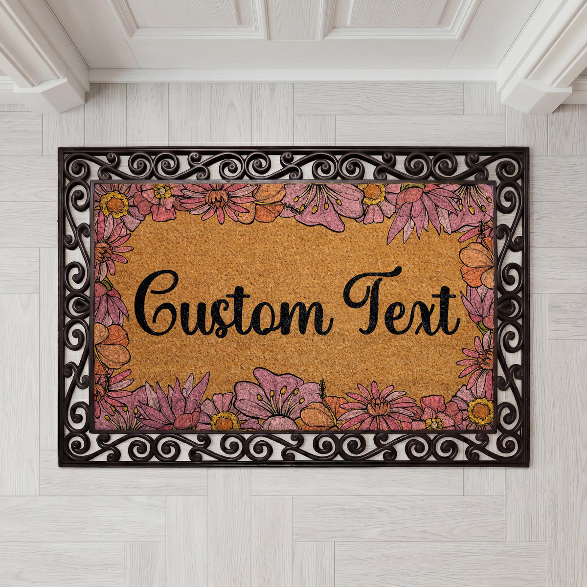 Personalized Floral Coir Doormat, Custom Botanical Welcome Mat, Vibrant Flowers