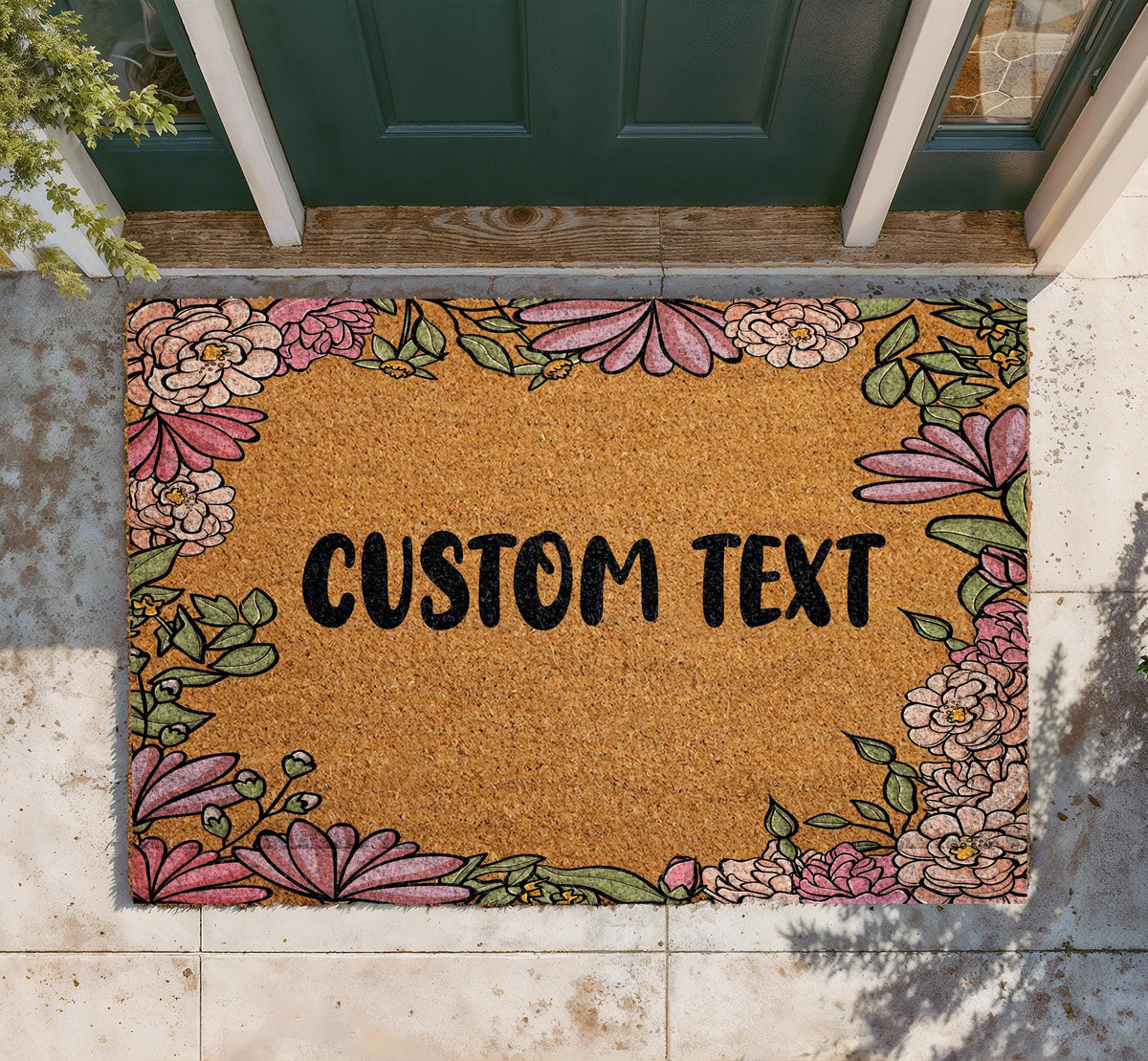 Personalized Floral Coir Doormat, Custom Botanical Welcome Mat, Vibrant Flowers