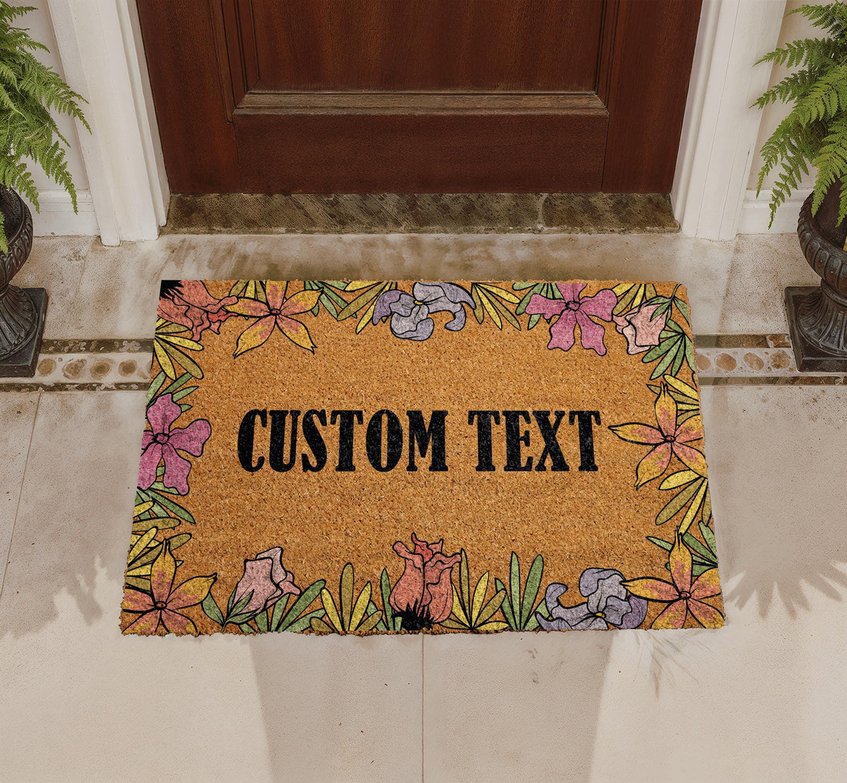 Personalized Floral Coir Doormat, Custom Botanical Welcome Mat, Vibrant Flowers
