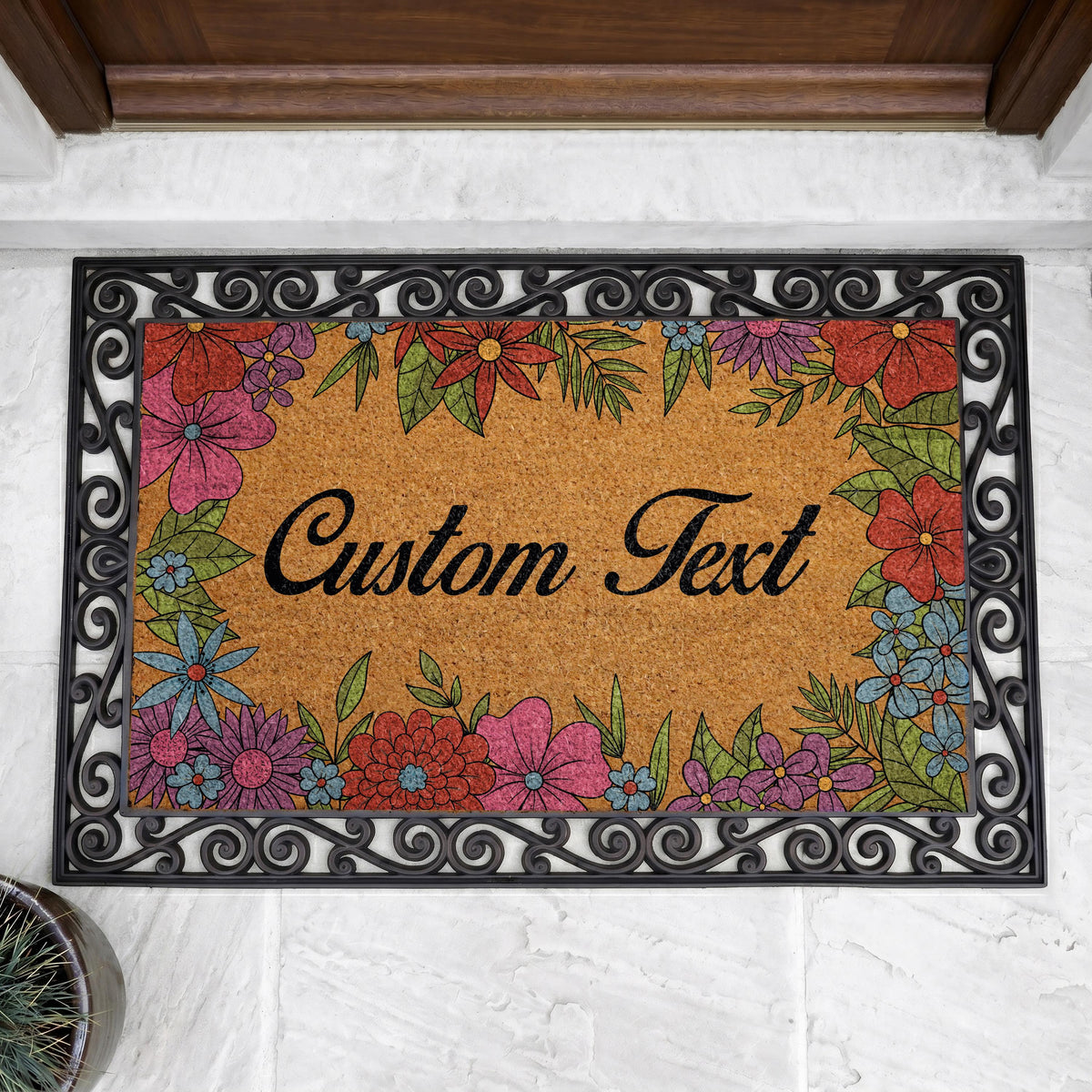 Personalized Floral Coir Doormat, Custom Botanical Welcome Mat, Vibrant Flowers