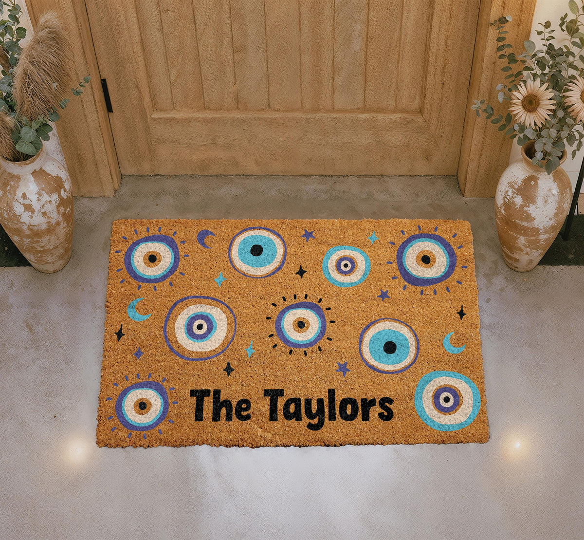 Custom Evil Eye Family Name Doormat, Celestial Moons Stars Welcome Mat (Coir)