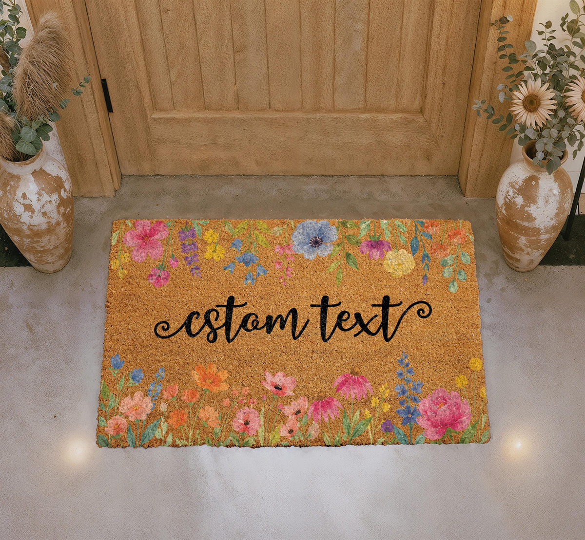 Boho Floral Doormat, Custom Personalized Family Name Welcome Door Mat, Colorful Coir Entryway Mat