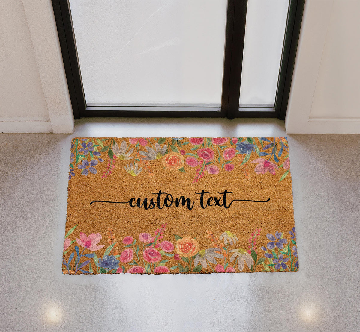 Boho Floral Doormat, Custom Personalized Family Name Welcome Door Mat, Colorful Coir Entryway Mat