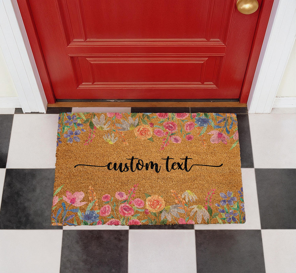 Boho Floral Doormat, Custom Personalized Family Name Welcome Door Mat, Colorful Coir Entryway Mat