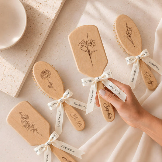 Personalized Bamboo Hair Brush, Floral Name Engraving with Satin Ribbon