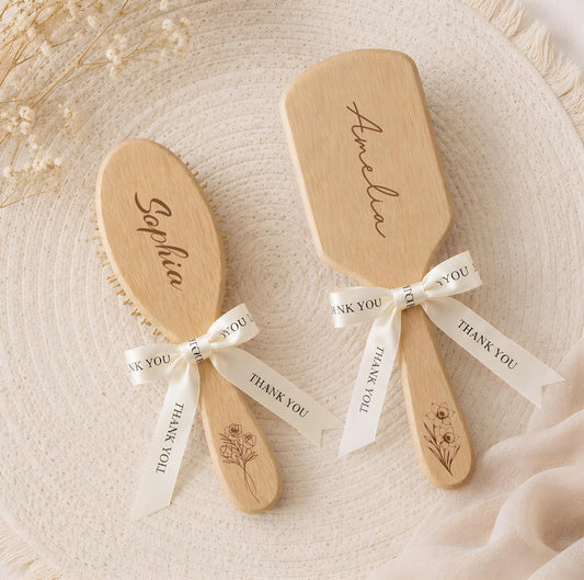 Custom Engraved Bamboo Hair Brush, Personalized Birth Flower Bridesmaid Gift