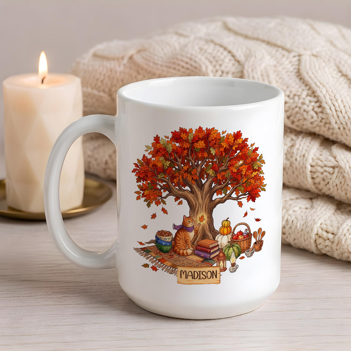 Personalized Fall Cat Mug, Autumn Tree Coffee Cup, Cozy Reading Book Lover Thanksgiving Gift