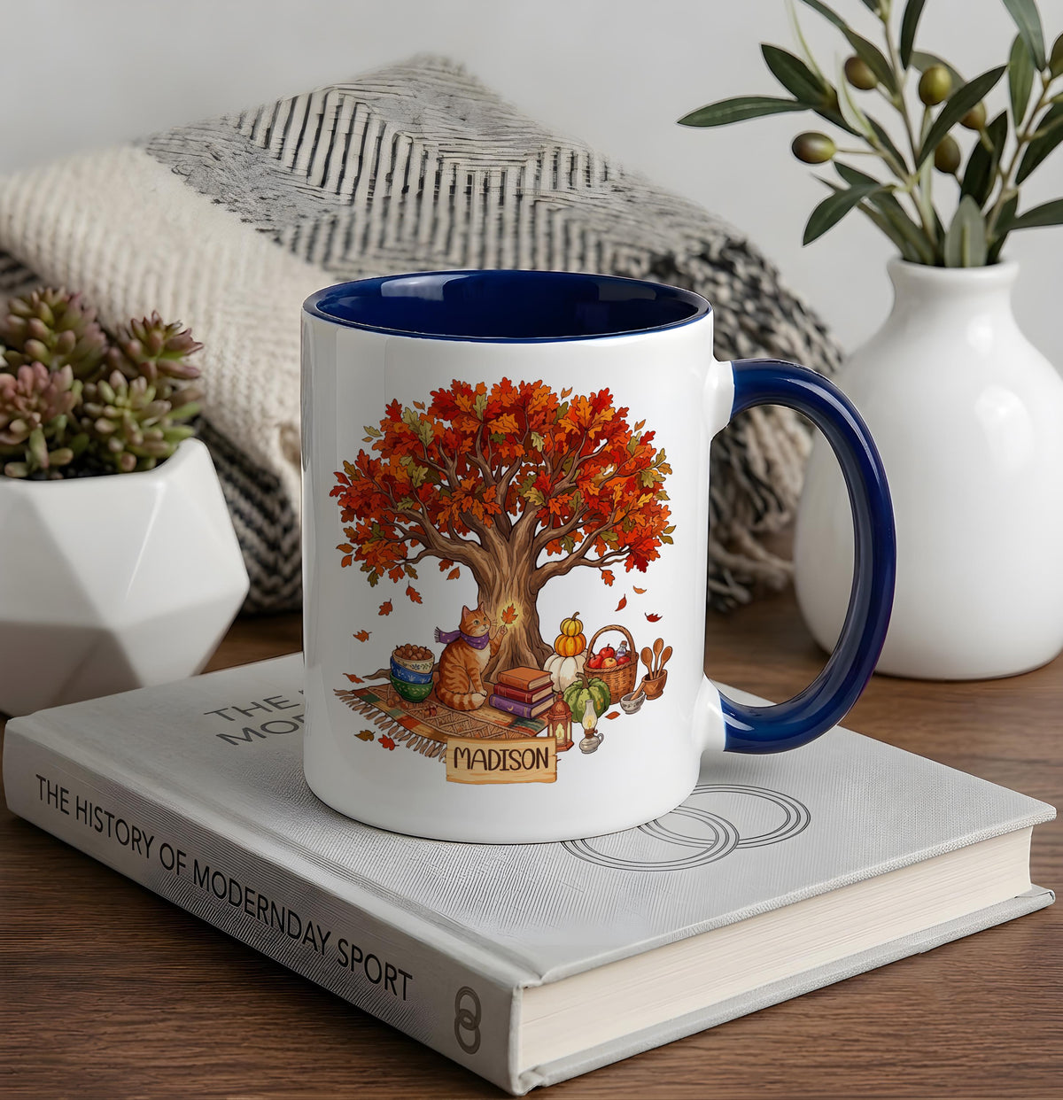 Personalized Fall Cat Mug, Autumn Tree Coffee Cup, Cozy Reading Book Lover Thanksgiving Gift