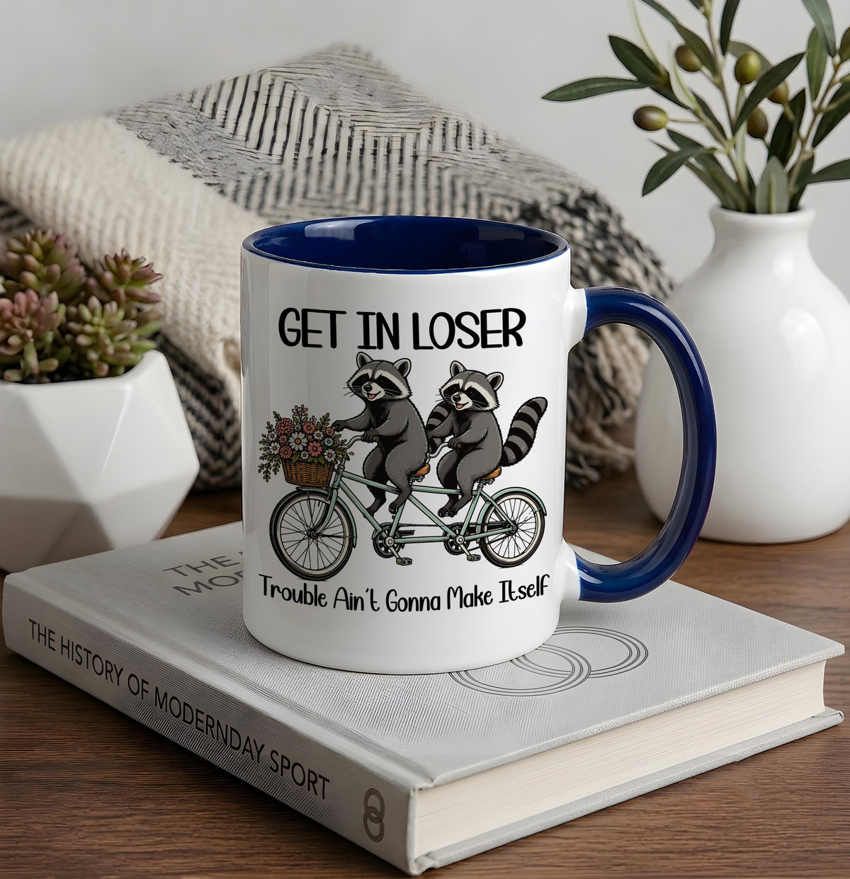 Funny Trouble Ain't Gonna Make Itself Coffee Mug, Sarcastic Raccoon Meme Ceramic Tea Cup