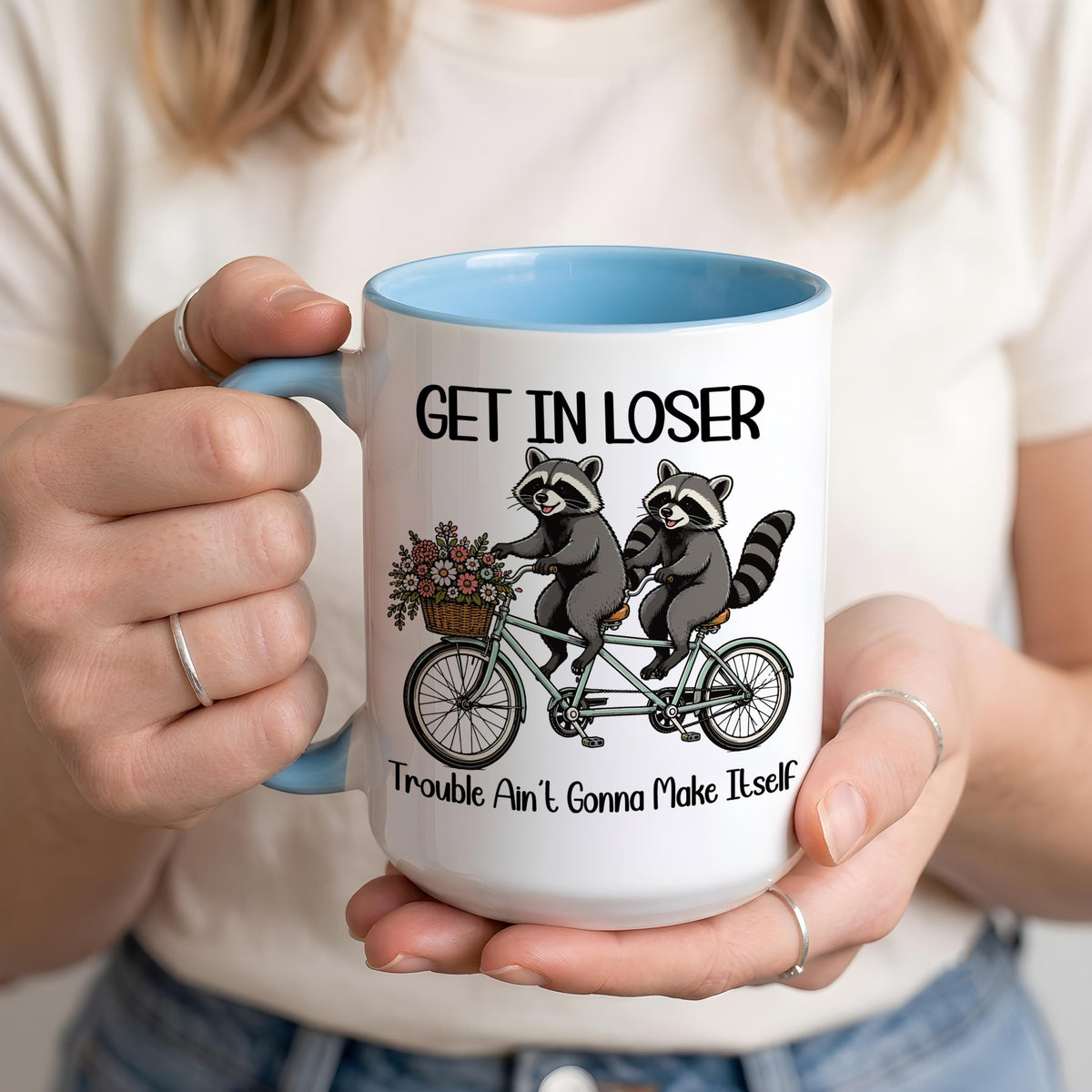 Funny Trouble Ain't Gonna Make Itself Coffee Mug, Sarcastic Raccoon Meme Ceramic Tea Cup