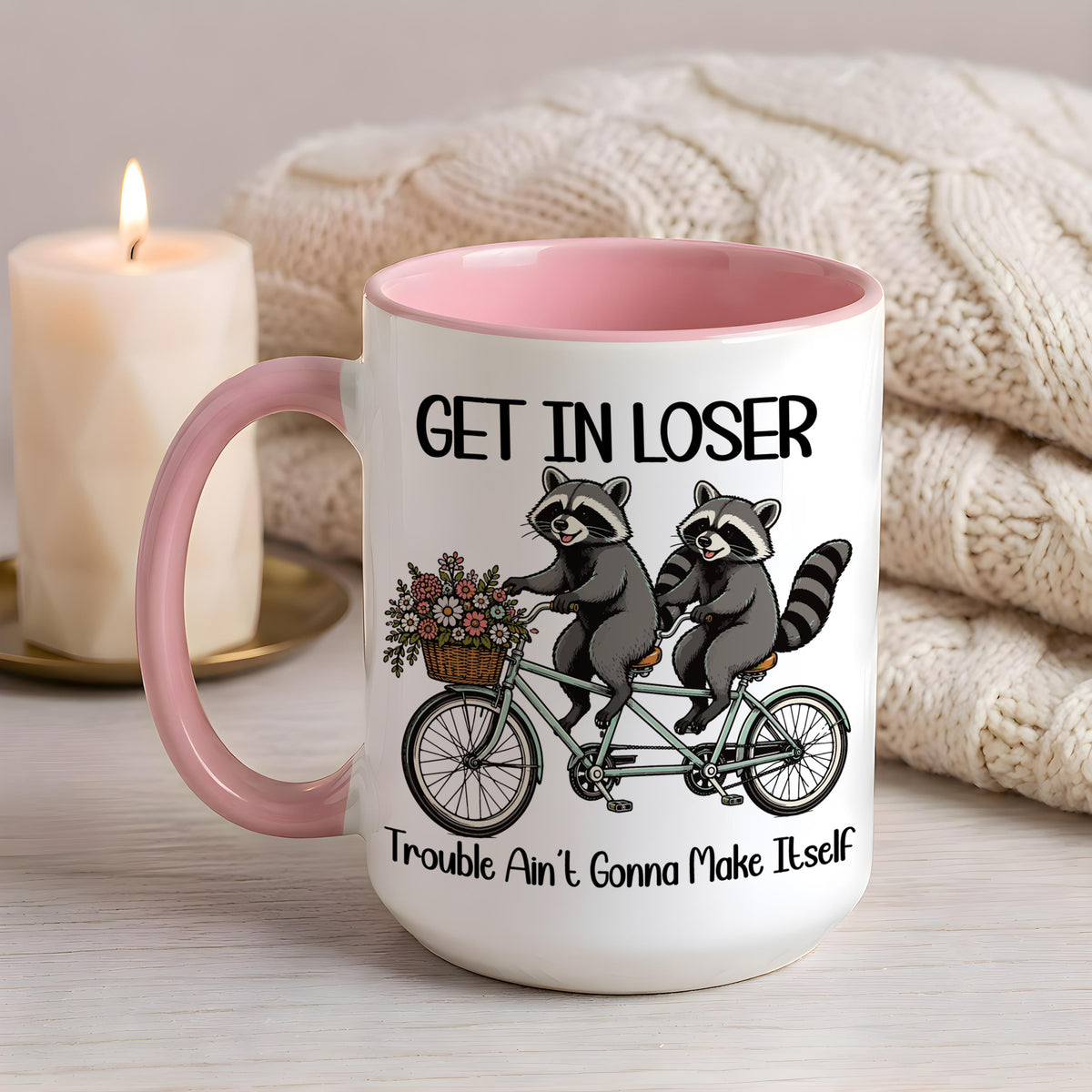 Funny Trouble Ain't Gonna Make Itself Coffee Mug, Sarcastic Raccoon Meme Ceramic Tea Cup