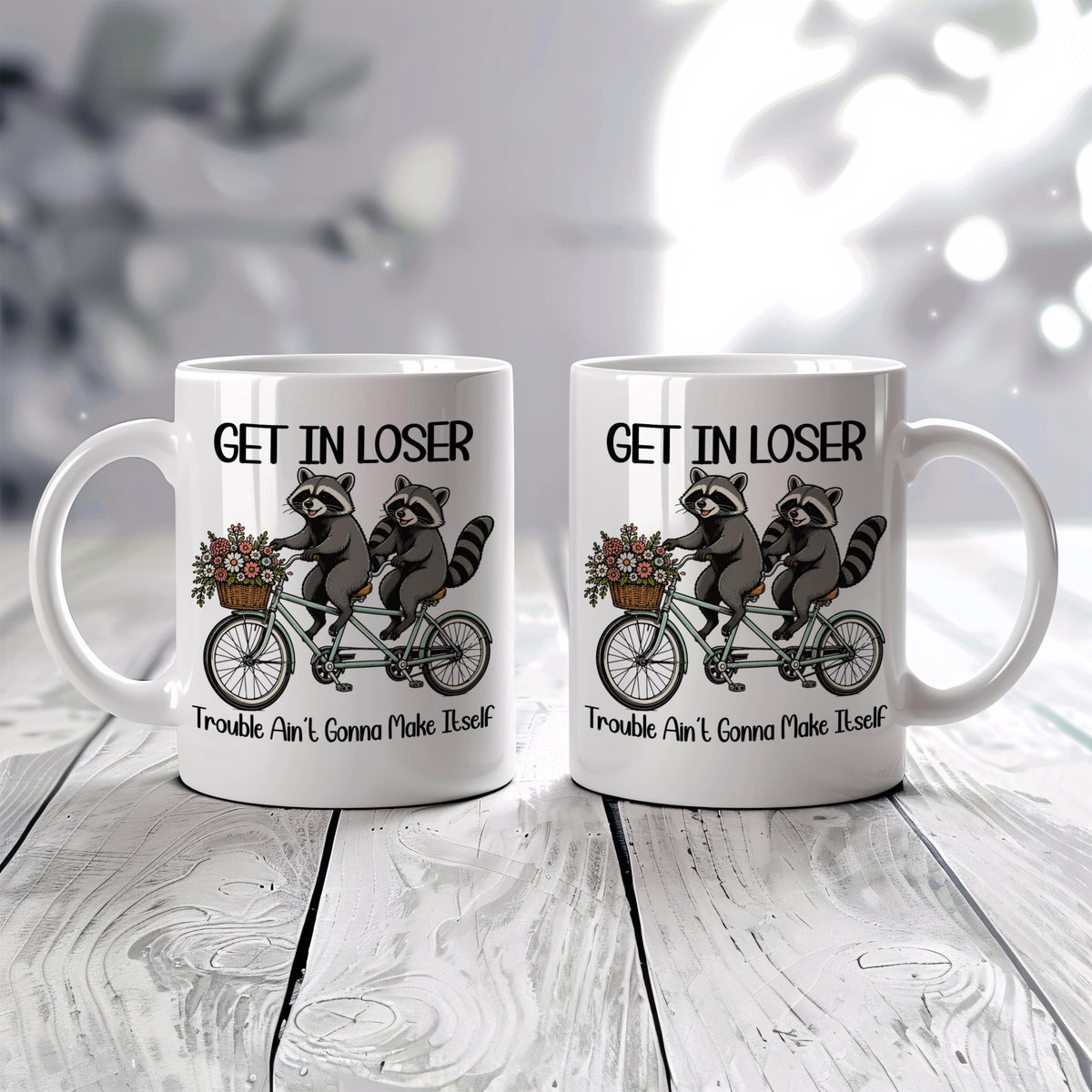Funny Trouble Ain't Gonna Make Itself Coffee Mug, Sarcastic Raccoon Meme Ceramic Tea Cup
