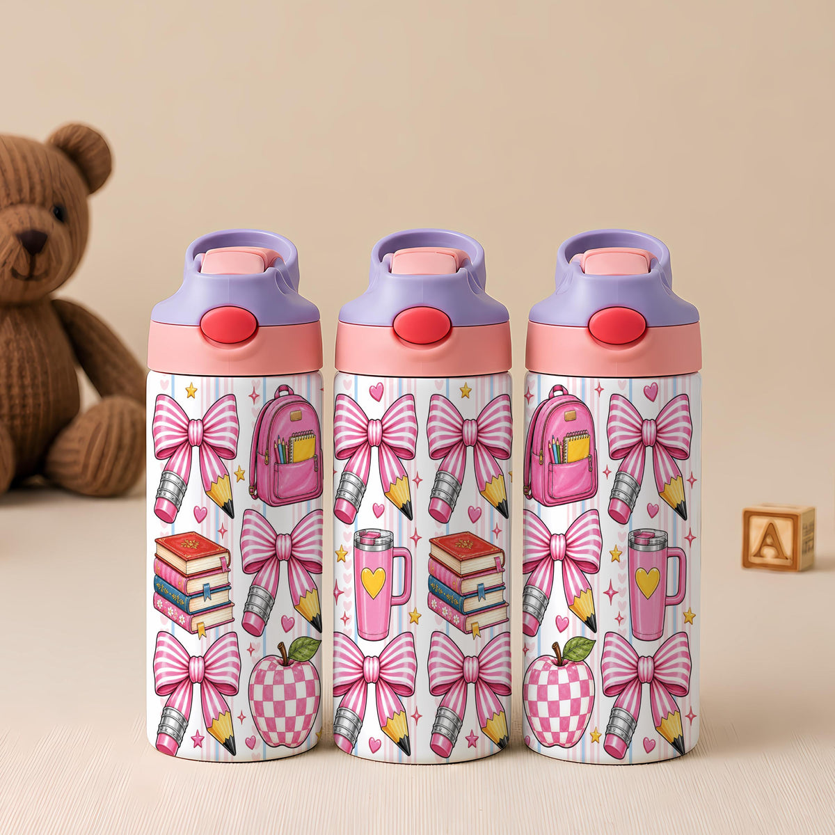 Personalized Stainless Steel Kids Tumbler, Pink Pencil Bow Design, School Water Bottle