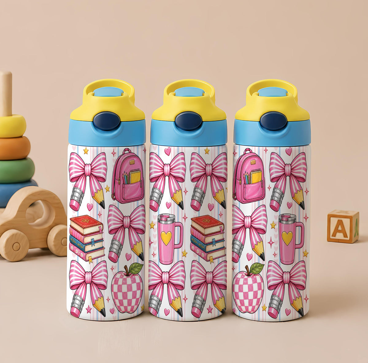 Personalized Stainless Steel Kids Tumbler, Pink Pencil Bow Design, School Water Bottle