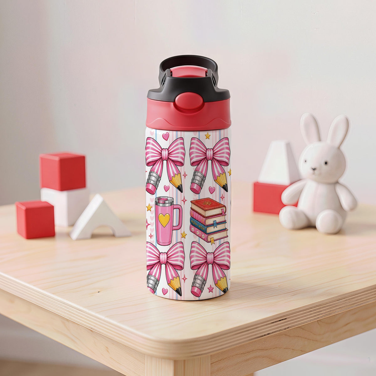 Personalized Stainless Steel Kids Tumbler, Pink Pencil Bow Design, School Water Bottle