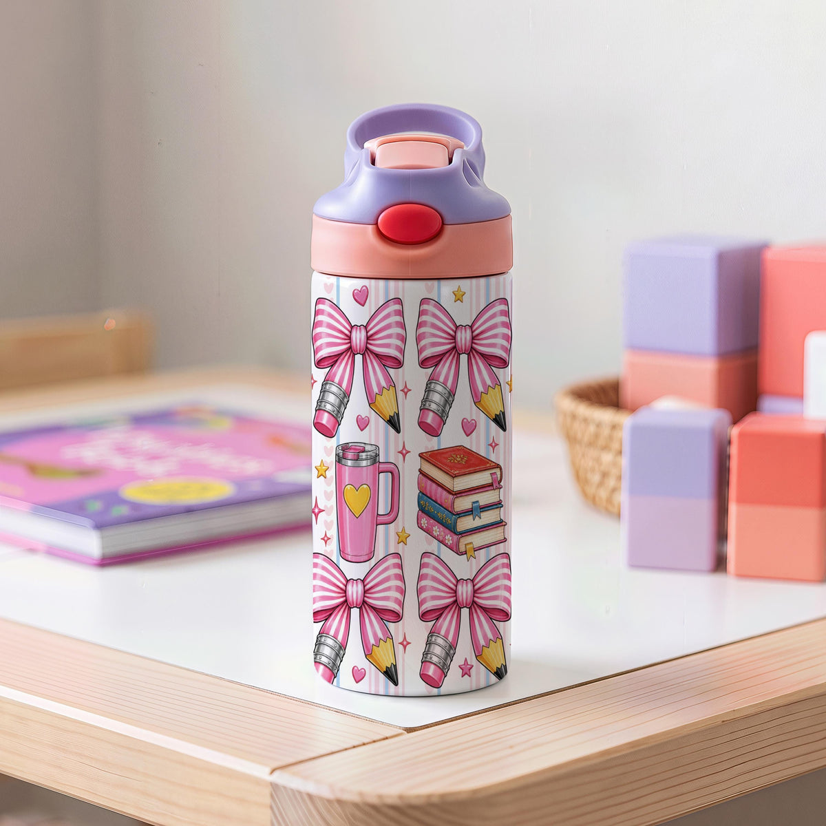 Personalized Stainless Steel Kids Tumbler, Pink Pencil Bow Design, School Water Bottle