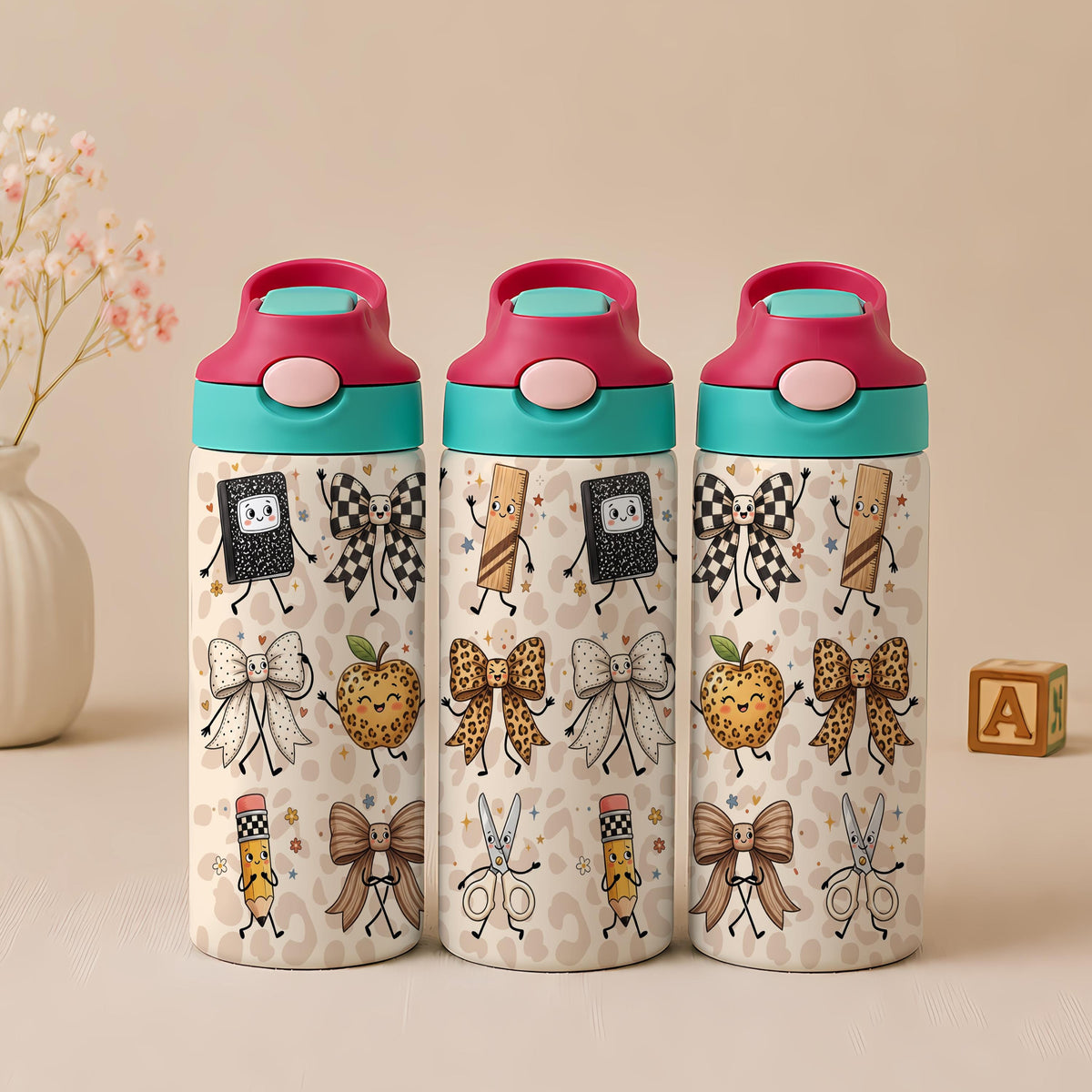 Personalized Kids Stainless Steel Tumbler, Back to School Leopard Bow Design