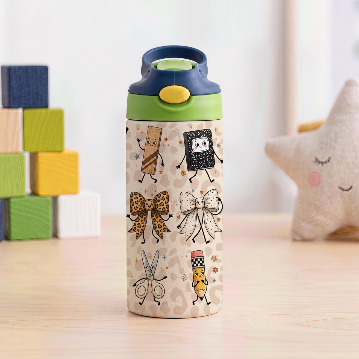 Personalized Kids Stainless Steel Tumbler, Back to School Leopard Bow Design