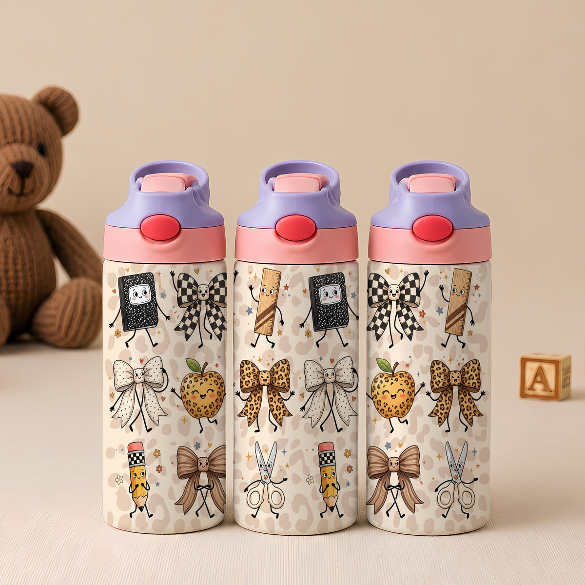Personalized Kids Stainless Steel Tumbler, Back to School Leopard Bow Design
