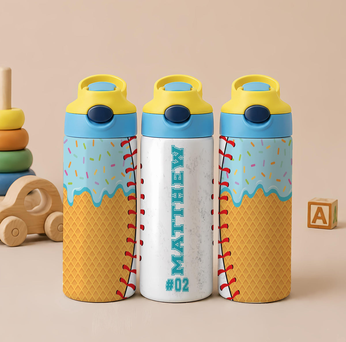 Personalized Kids Stainless Steel Tumbler, Ice Cream Softball Design Water Bottle