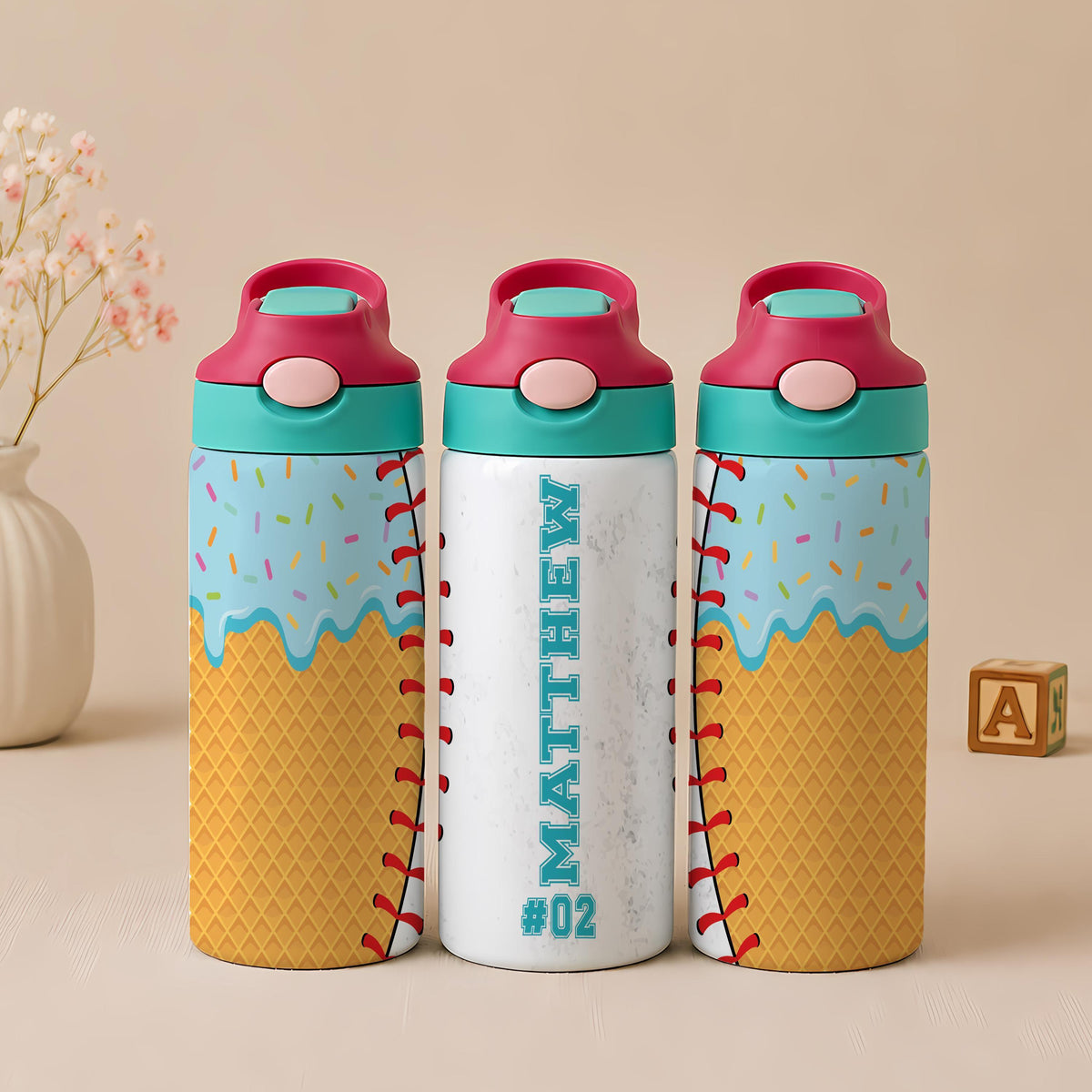 Personalized Kids Stainless Steel Tumbler, Ice Cream Softball Design Water Bottle