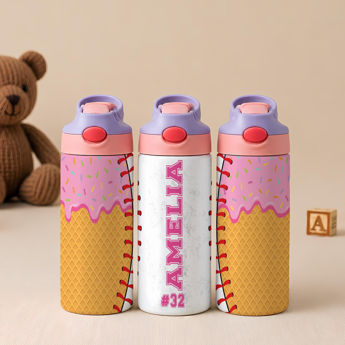 Personalized Kids Stainless Steel Tumbler, Ice Cream Softball Design Water Bottle