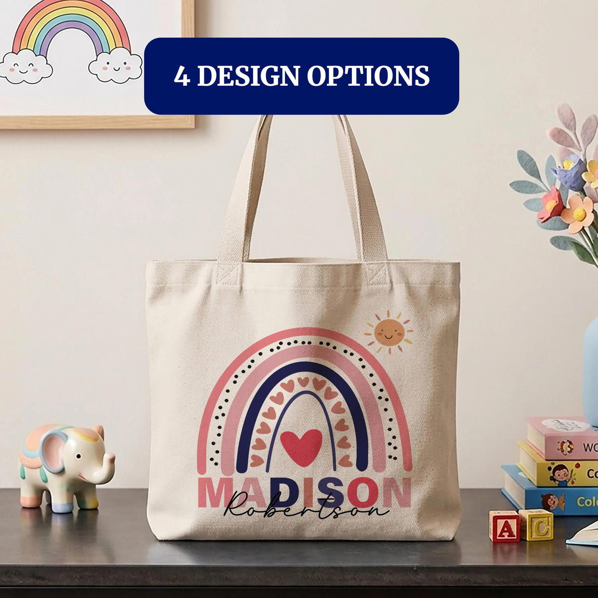 Personalized Kids Boho Rainbow Canvas Tote Bag, Custom Name Cute Sun Heart Bag