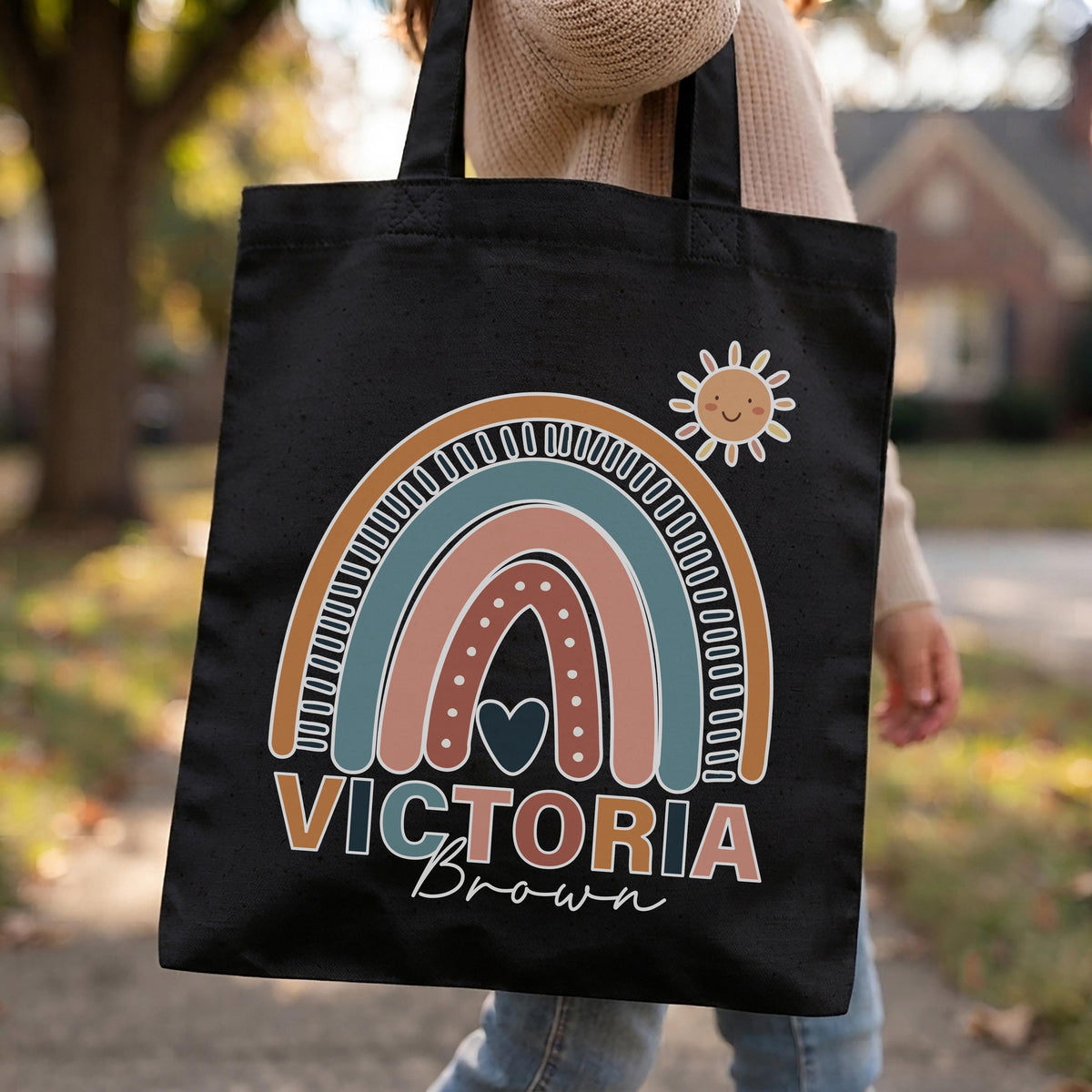 Personalized Kids Boho Rainbow Canvas Tote Bag, Custom Name Cute Sun Heart Bag