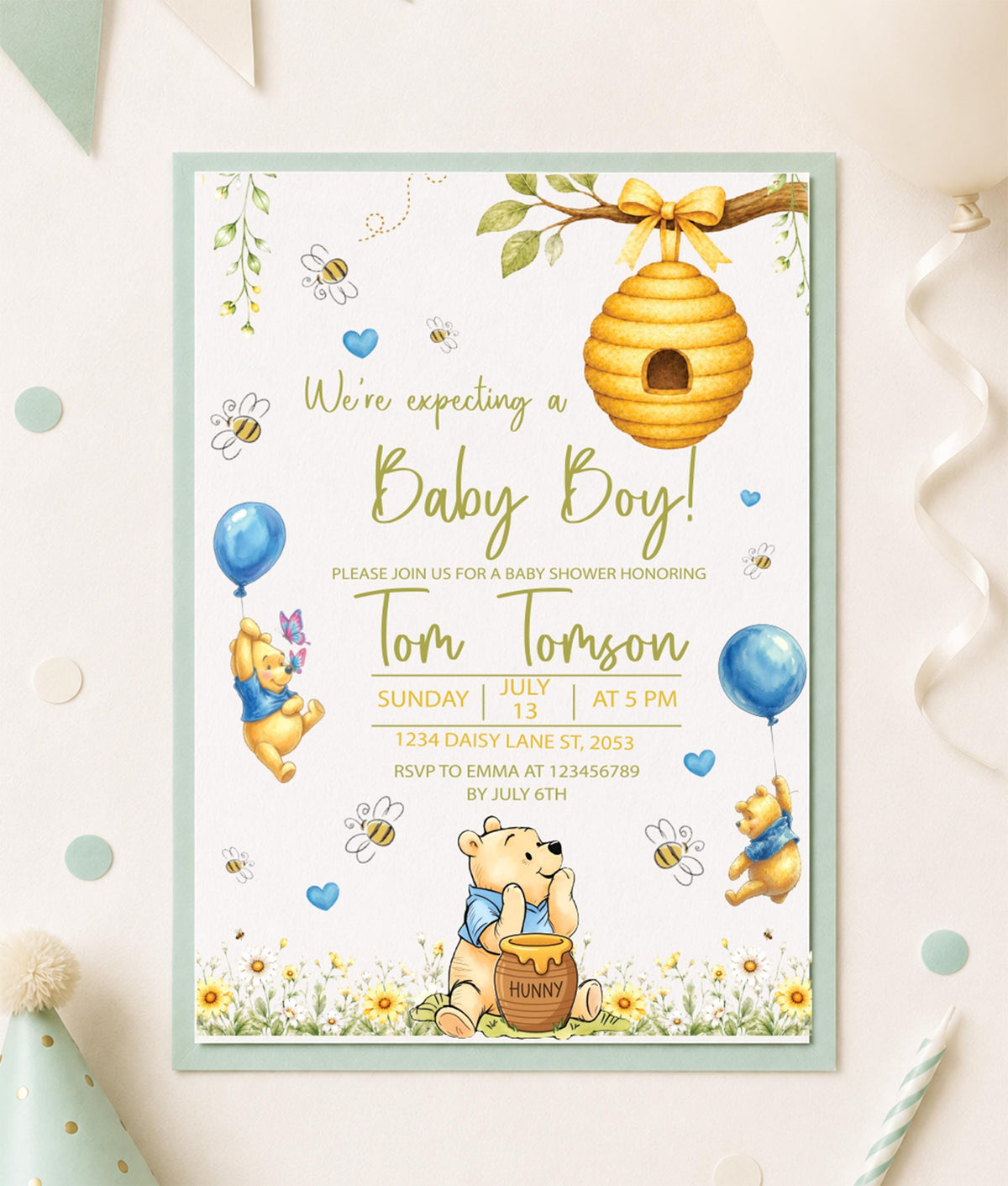Baby Boy Bear Baby Shower Invitation, Woodland Winnie Pooh Theme, Personalized Printed Invite