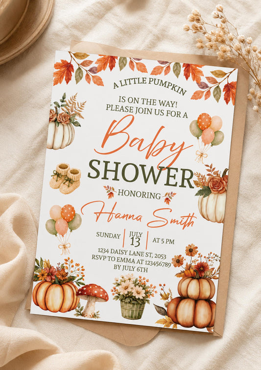 Fall Baby Shower Invitations, Little Pumpkin Theme, Printed Invites (5x7 inches)