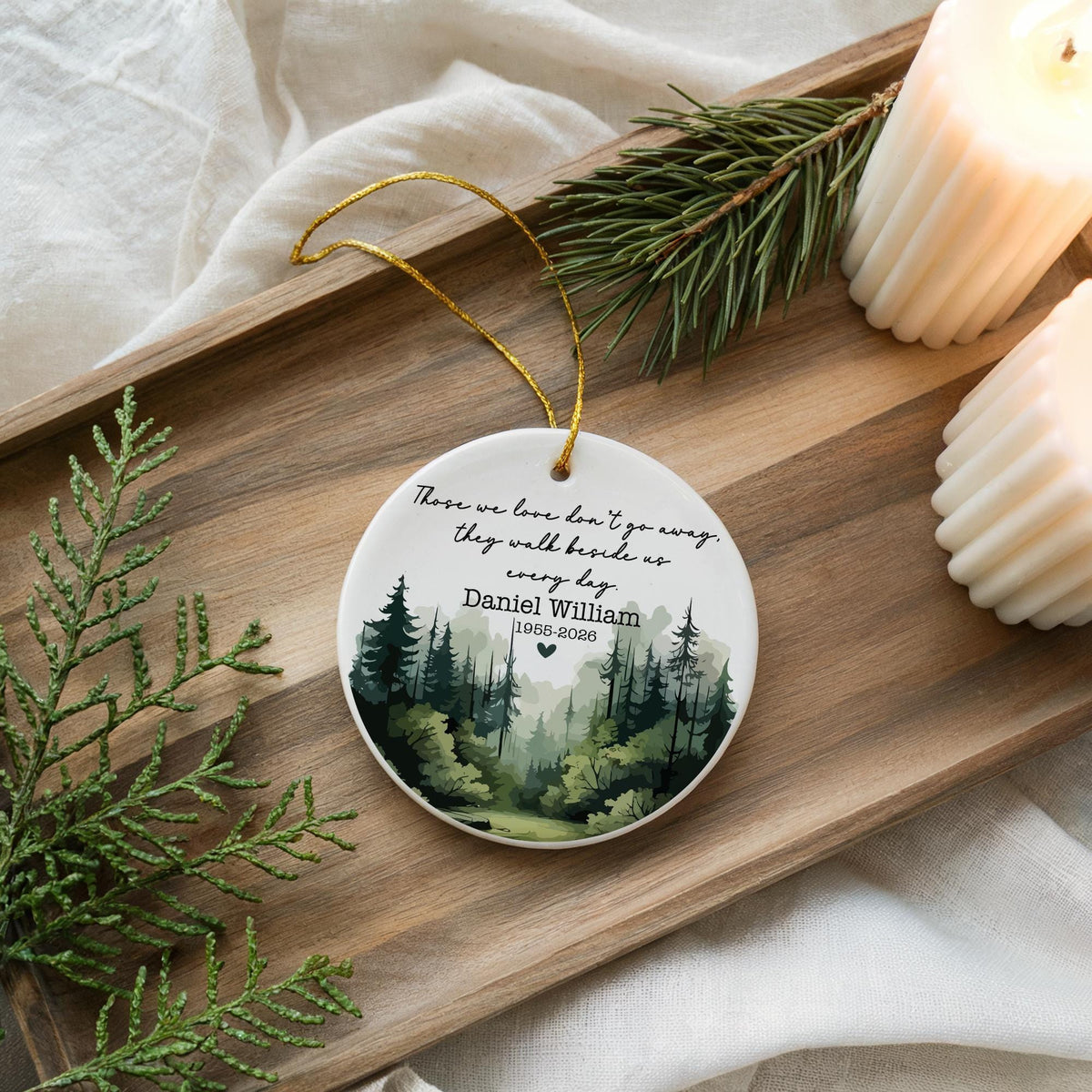 Custom Ceramic Memorial Ornament, Remembrance Keepsake, Forest Scene (Double-Sided)