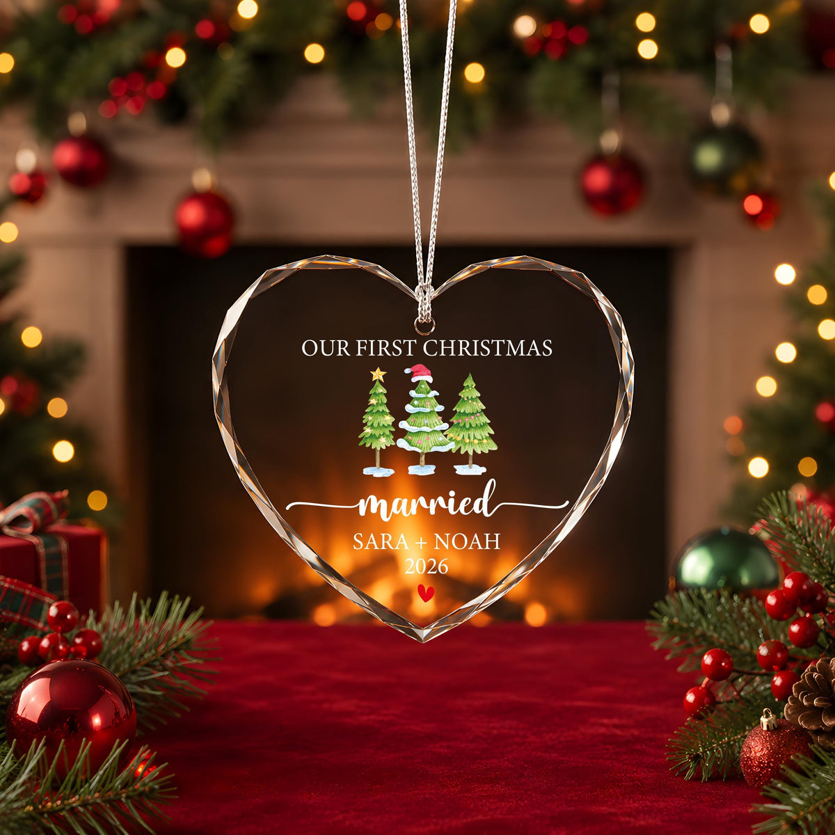 Personalized Crystal Glass Ornament, Our First Christmas Married Keepsake (Round or Heart)