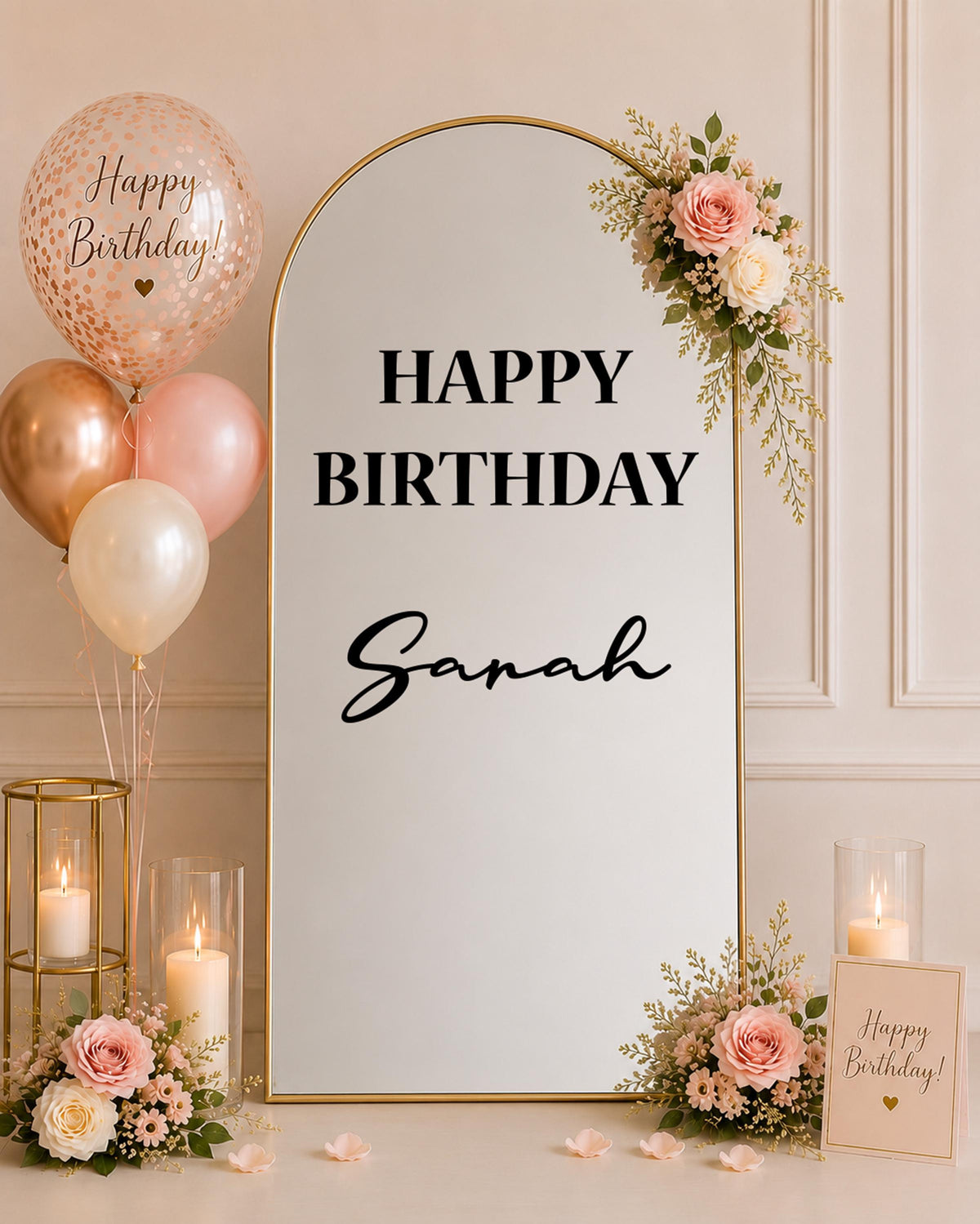 Personalized Birthday Mirror Decal, Custom Name Vinyl Sticker, Elegant Party Decor