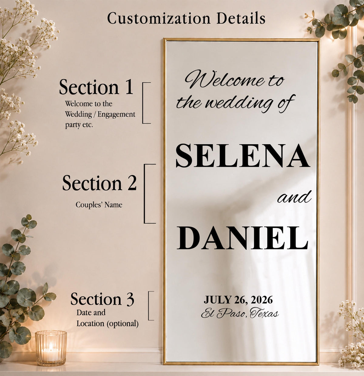 Personalized Wedding Mirror Decal, Custom Vinyl Reception Sign Decor
