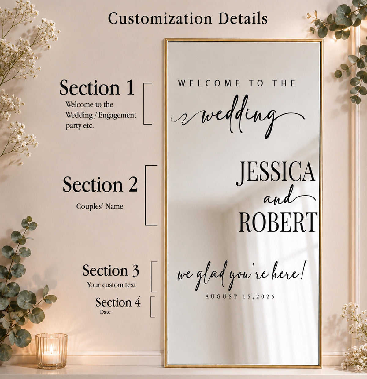 Custom Wedding Mirror Decal, Personalized Engagement Welcome Sign, White Vinyl Decor
