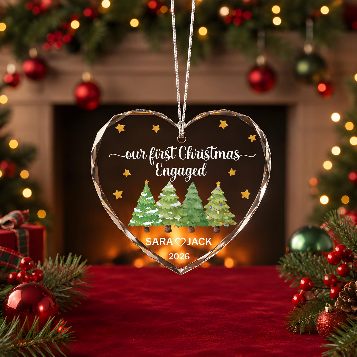 Personalized Crystal Glass Ornament, Engaged Couple Christmas Keepsake (Round or Heart)
